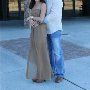 Beige Strapless Poetry Half Sheer Dress